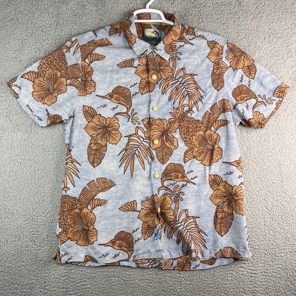 Tommy Bahama Shirt Mens L Blue Brown Island Modern Fit 100% Silk Hawaiian Camp
